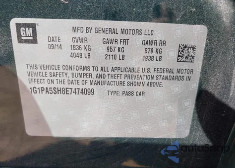 2014 Chevrolet Cruze Ls Auto из США, поврежденный, VIN 1G1PA5SH8E7474099